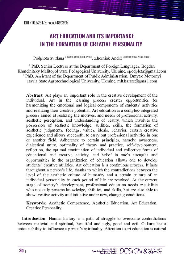 (PDF) Art Education and Its Importance in the Formation of Creative ...
