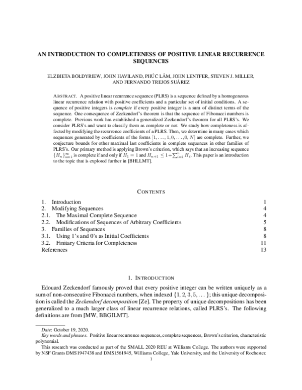 (PDF) An Introduction to Completeness of Positive Linear Recurrence ...