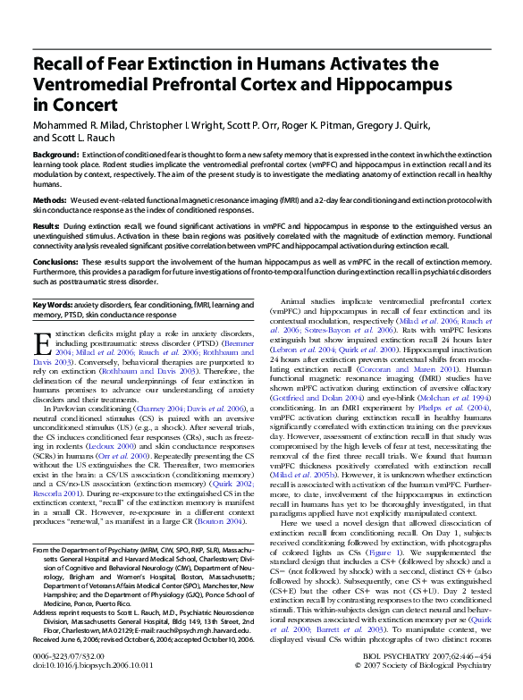 (PDF) Recall of Fear Extinction in Humans Activates the Ventromedial ...