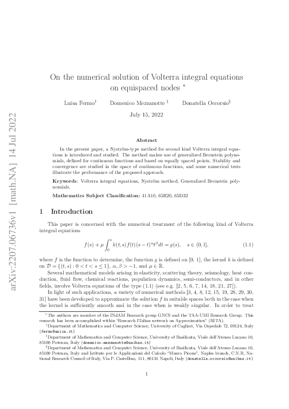 (PDF) On the numerical solution of Volterra integral equations on ...