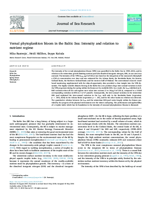 (PDF) Vernal phytoplankton bloom in the Baltic Sea: Intensity and ...