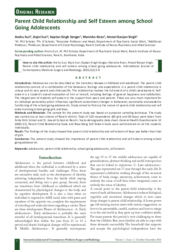 (PDF) Parent Child Relationship and Self Esteem among School Going ...