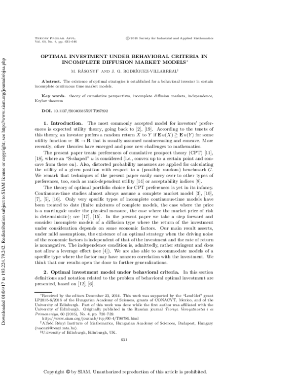 (PDF) Optimal Investment under Behavioral Criteria in