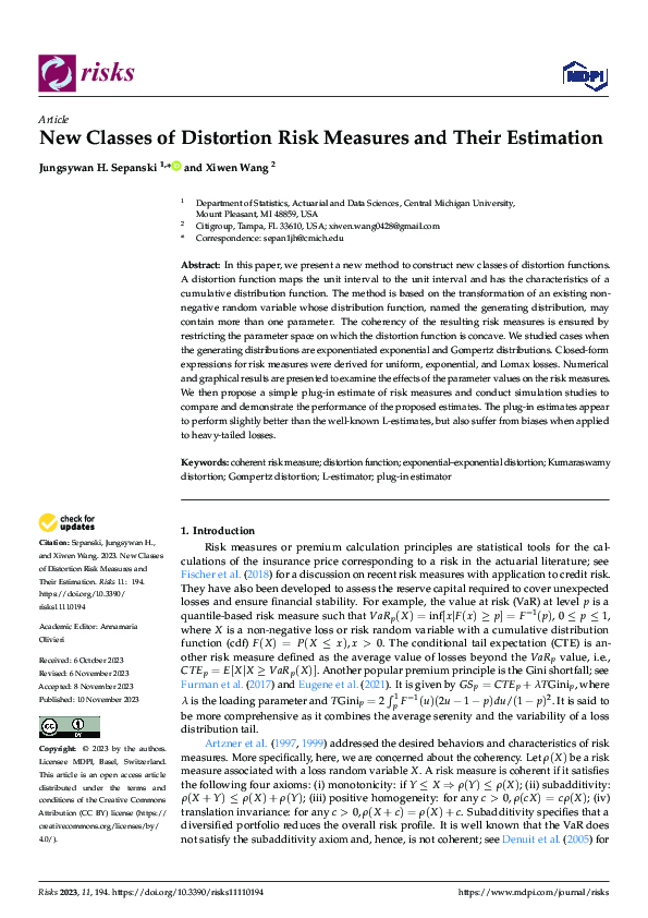 (PDF) New Classes of Distortion Risk Measures and Their Estimation