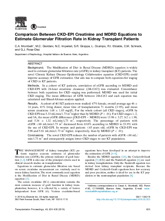 (PDF) Comparison Between CKD-EPI Creatinine and MDRD Equations to ...