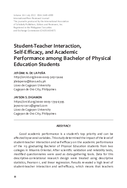 (PDF) Student-Teacher Interaction, Self-Efficacy, and Academic ...