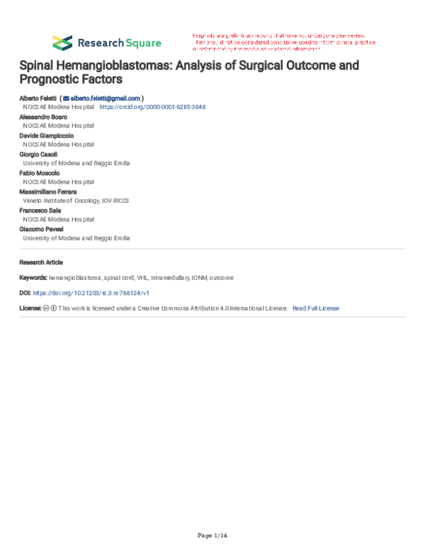 (PDF) Spinal Hemangioblastomas: Analysis of Surgical Outcome and ...
