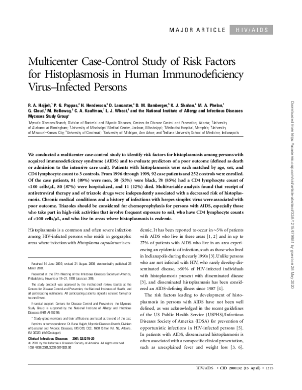 (PDF) Multicenter Case-Control Study of Risk Factors for Histoplasmosis ...