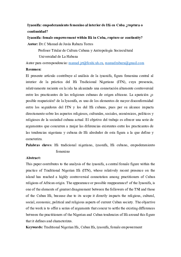 (DOC) Iyaonifa: empoderamiento femenino al interior de Ifá en Cuba ...