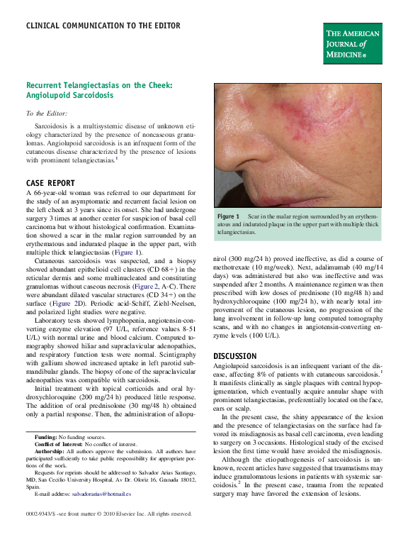 (PDF) Recurrent Telangiectasias on the Cheek: Angiolupoid Sarcoidosis