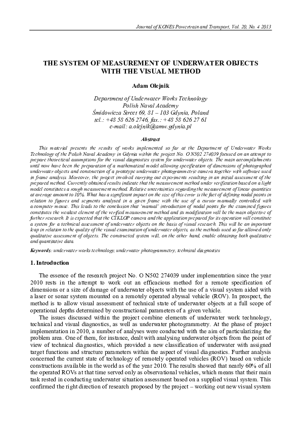 (PDF) The System of Measurement of Underwater Objects with the Visual ...