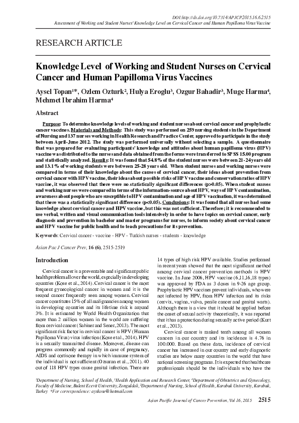 (PDF) Knowledge Level of Working and Student Nurses on Cervical Cancer ...