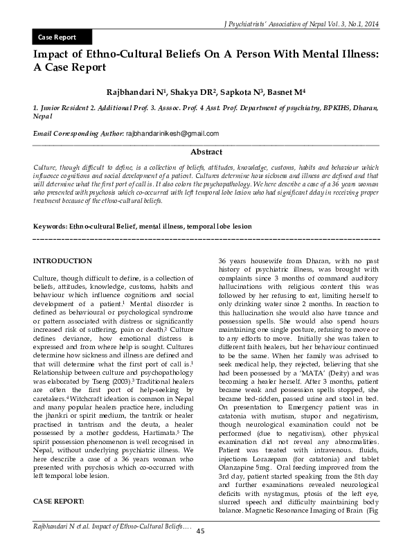 (PDF) Impact of Ethno-Cultural Beliefs On A Person With Mental Illness ...