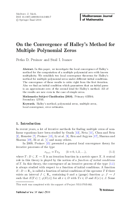 (PDF) On the Convergence of Halley’s Method for Multiple Polynomial Zeros