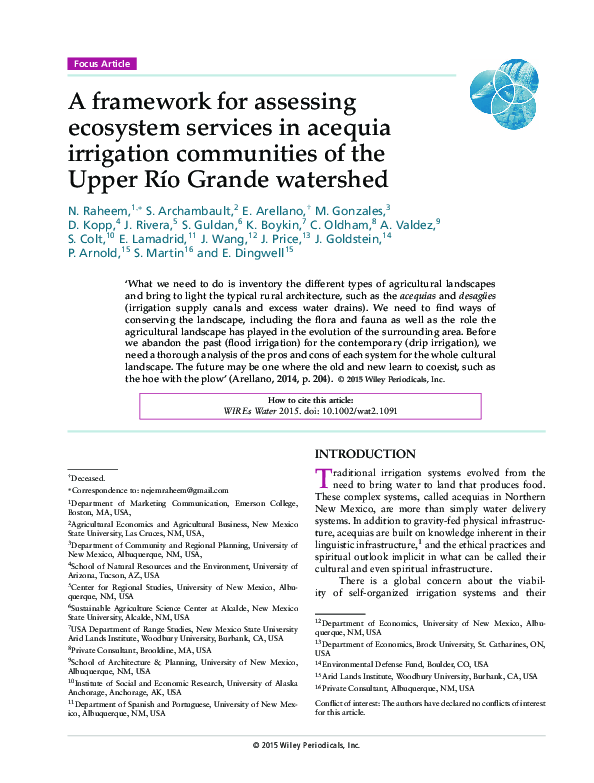 (PDF) A framework for assessing ecosystem services in acequia ...
