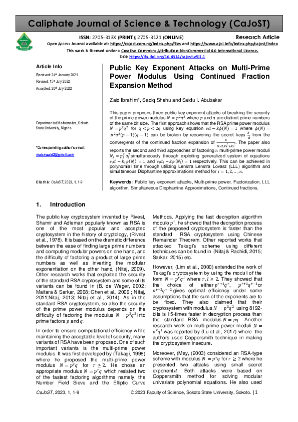 (PDF) Public key exponent attacks on multi-prime power modulus using ...