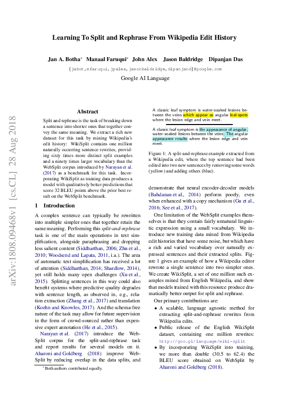 (PDF) Learning To Split and Rephrase From Wikipedia Edit History