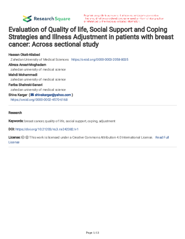 (PDF) Evaluation of Quality of life, Social Support and Coping ...