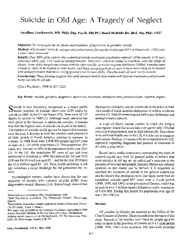 (PDF) Suicide in Old Age: A Tragedy of Neglect