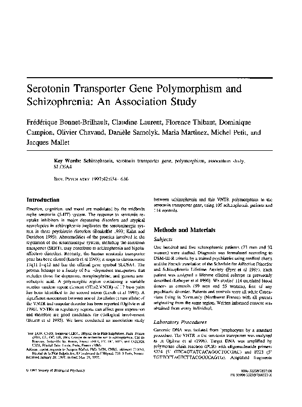 (PDF) Serotonin transporter gene polymorphism and schizophrenia: An ...