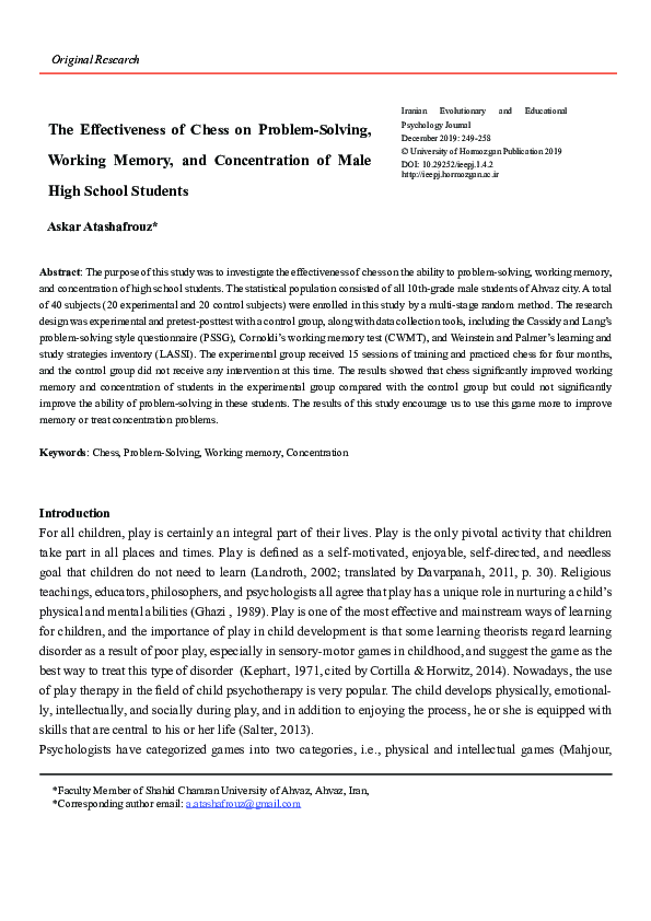 (PDF) The Effectiveness of Chess on Problem-Solving, Working Memory ...