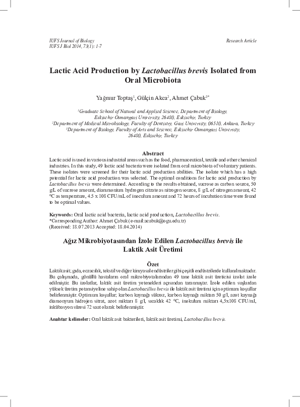 (PDF) Lactic Acid Production by Lactobacillus brevis Isolated from Oral ...