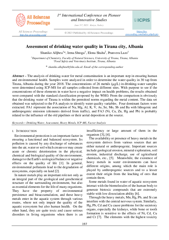 (PDF) Assessment of drinking water quality in Tirana city, Albania