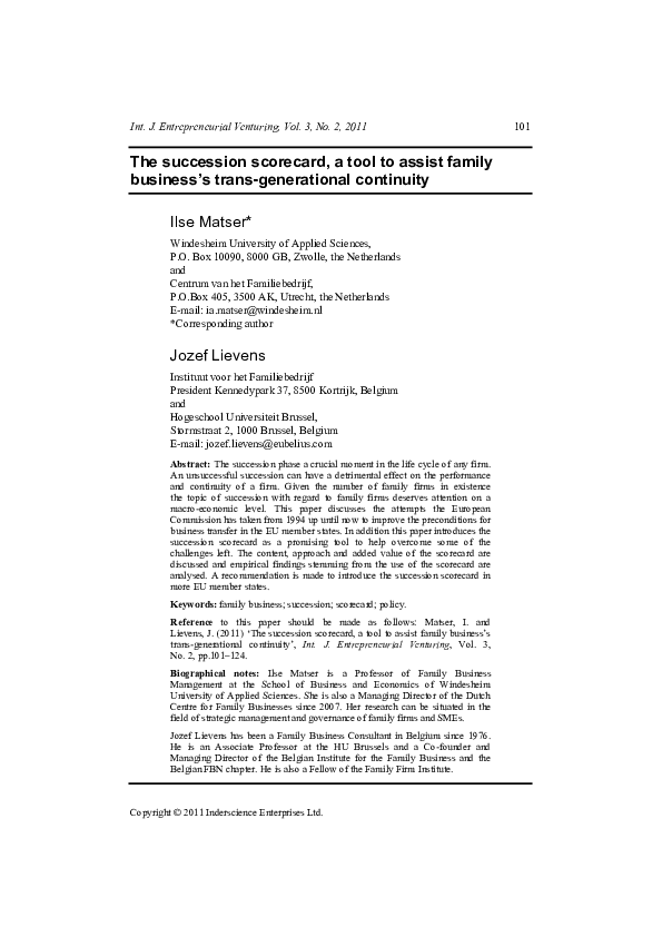 (PDF) The succession scorecard, a tool to assist family business's ...
