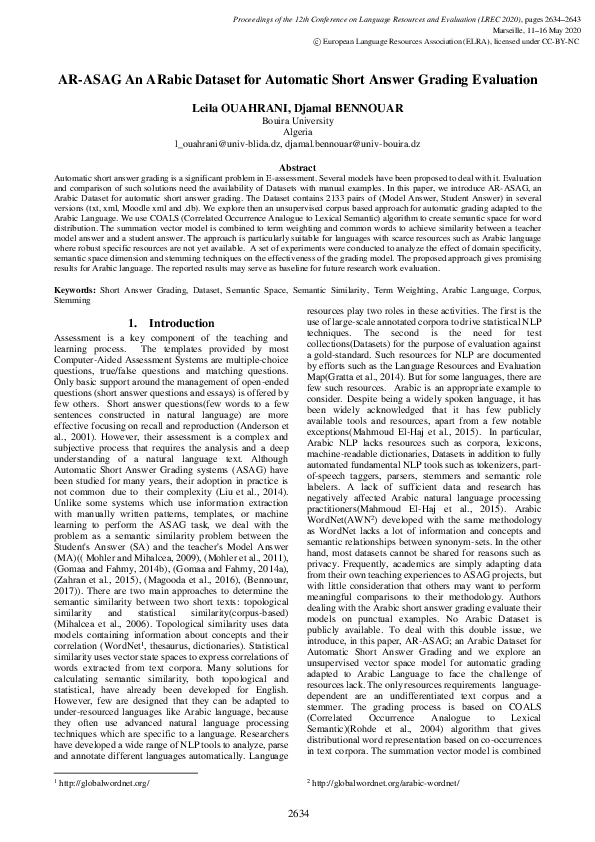(PDF) AR-ASAG An ARabic Dataset for Automatic Short Answer Grading ...