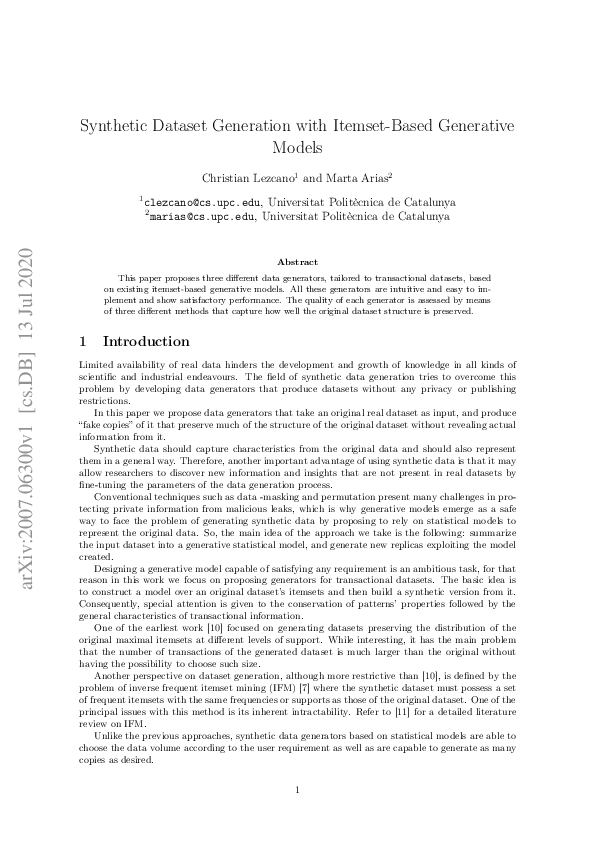 (PDF) Synthetic Dataset Generation with Itemset-Based Generative Models