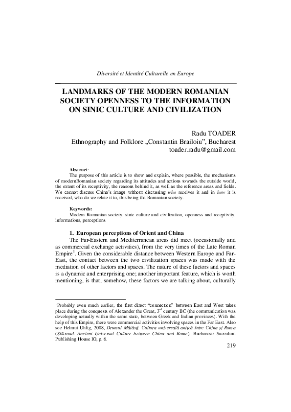 (PDF) Landmarks of the Modern Romanian Society Openness to the ...