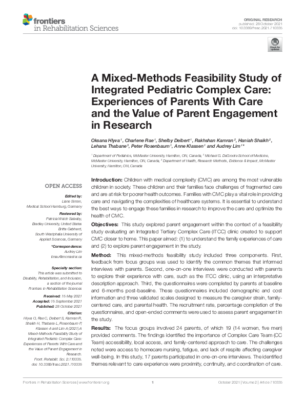 (PDF) A Mixed-Methods Feasibility Study of Integrated Pediatric Complex ...