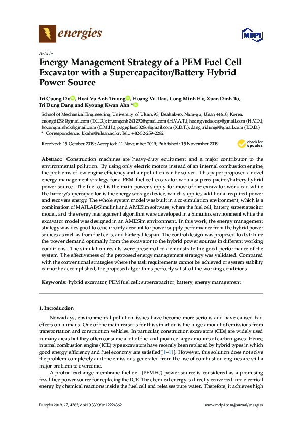 (PDF) Energy Management Strategy of a PEM Fuel Cell Excavator with a ...