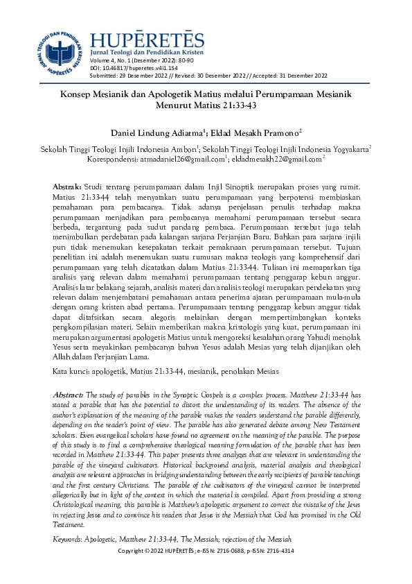 (PDF) Konsep Mesianik dan Apologetik Matius melalui Perumpamaan ...