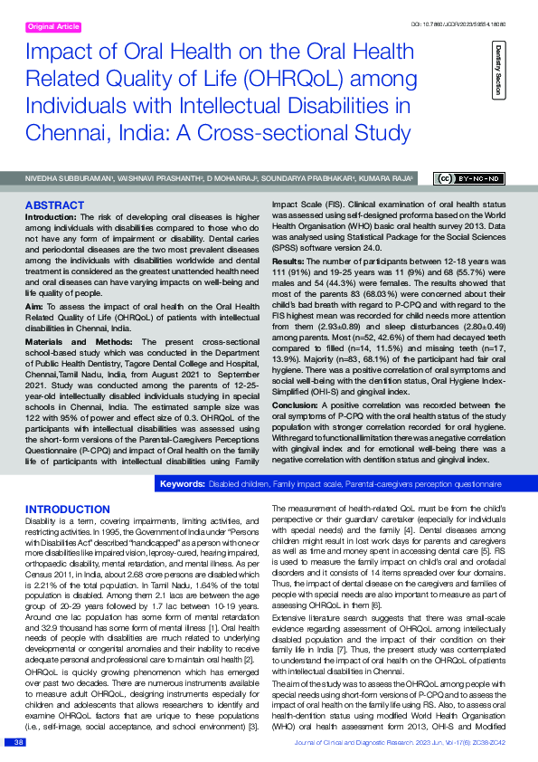 (PDF) Impact of Oral Health on the Oral Health Related Quality of Life ...