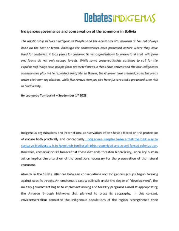 (PDF) Indigenous governance and conservation of the commons in Bolivia