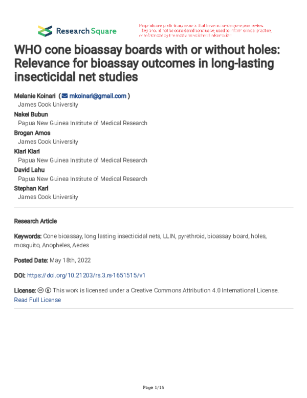 (PDF) WHO cone bioassay boards with or without holes: Relevance for ...