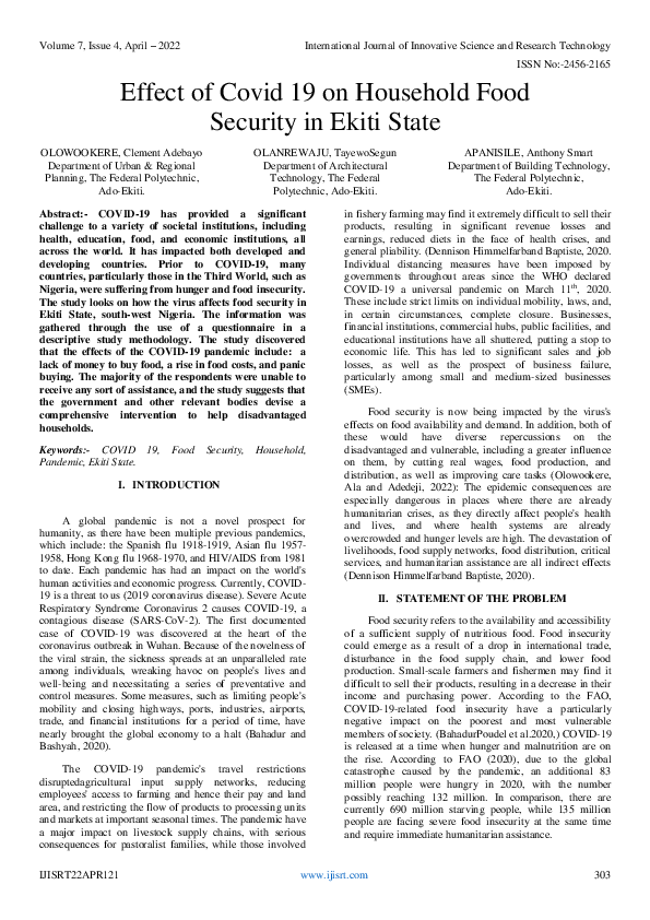 (PDF) Effect of Covid 19 on Household Food Security in Ekiti State