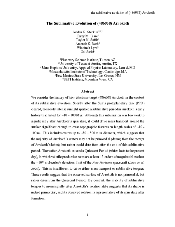 (PDF) The sublimative evolution of (486958) Arrokoth