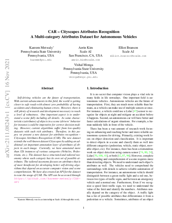 (PDF) CAR -- Cityscapes Attributes Recognition A Multi-category ...