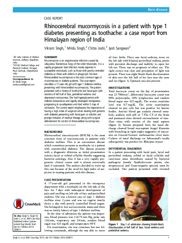 (PDF) Rhinocerebral mucormycosis in a patient with type 1 diabetes ...