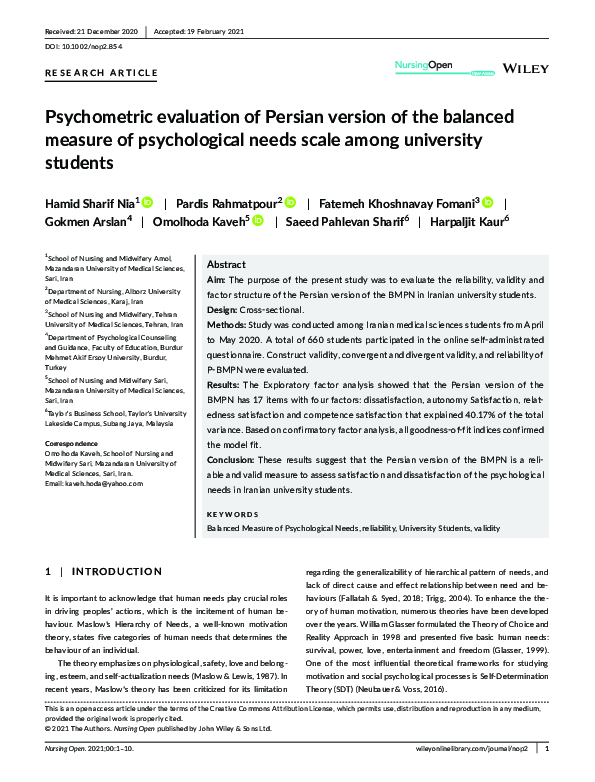 (PDF) Psychometric evaluation of Persian version of the balanced ...