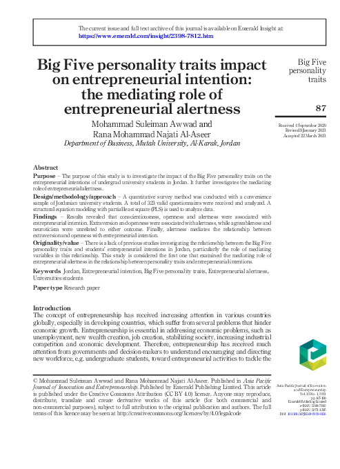 (PDF) Big Five personality traits impact on entrepreneurial intention ...
