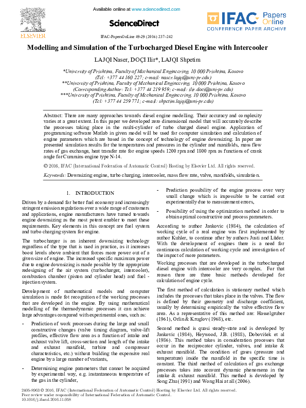 (PDF) Modelling and Simulation of the Turbocharged Diesel Engine with ...