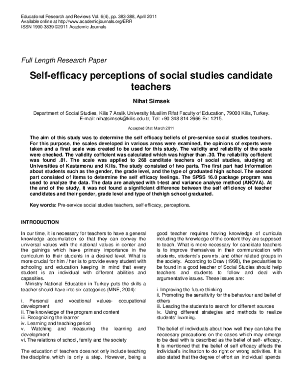 (PDF) Self-Efficacy Perceptions of Social Studies Candidate Teachers