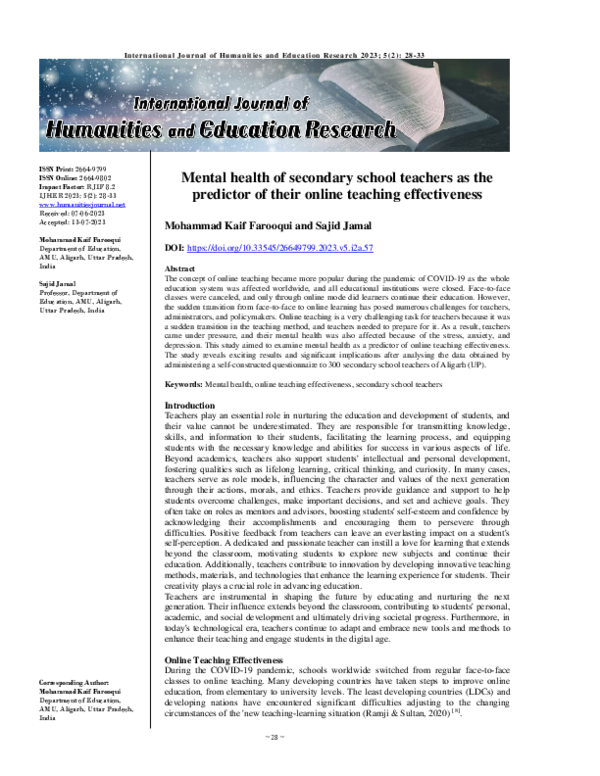 (PDF) Mental health of secondary school teachers as the predictor of ...