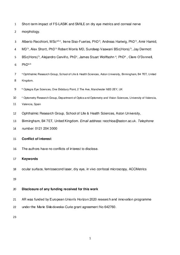 (PDF) Short-Term Impact of FS-LASIK and SMILE on Dry Eye Metrics and ...