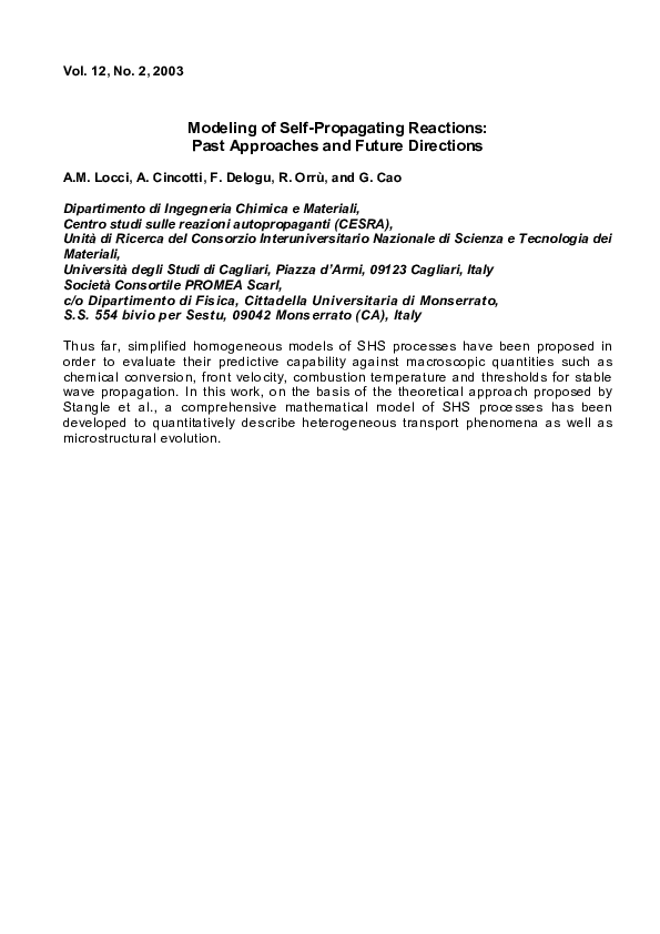 (PDF) Modeling of Self-Propagating Reactions: Past Approaches and ...