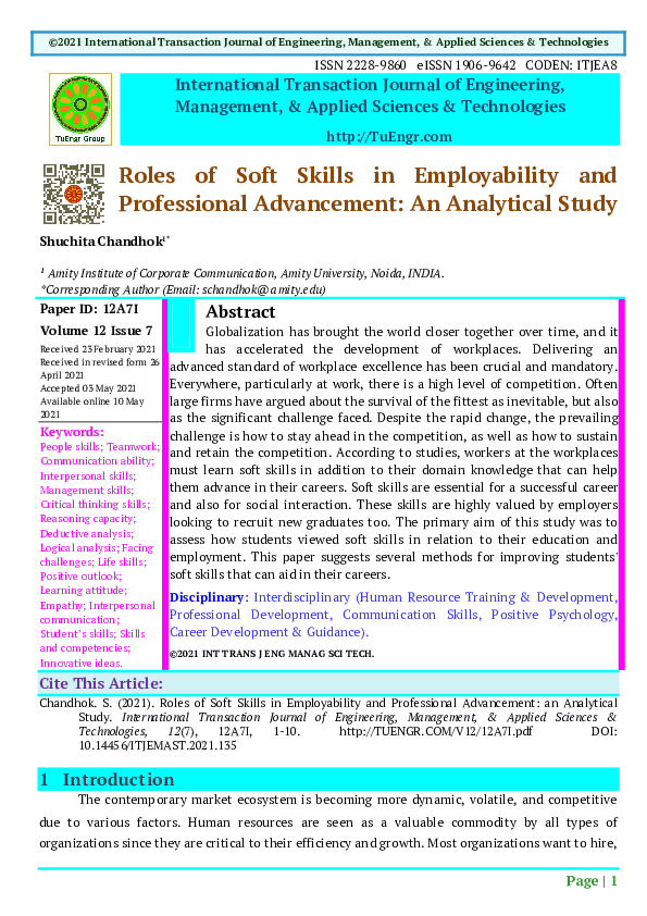 (PDF) Roles of Soft Skills in Employability and Professional ...