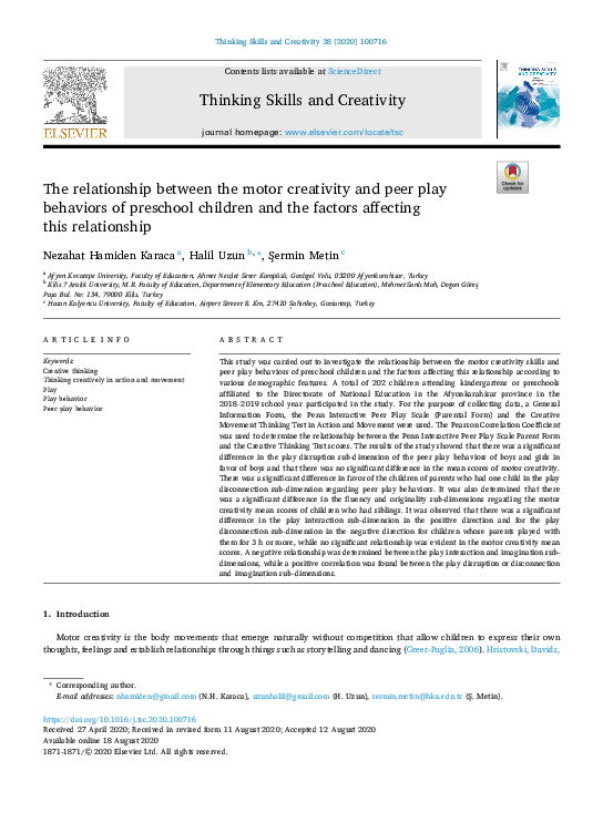 (PDF) The relationship between the motor creativity and peer play ...